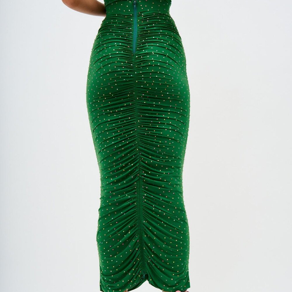 New NWT Alex Perry Ruched Crystal Skirt in Emerald embellished ruched bodycon - Picture 3 of 15